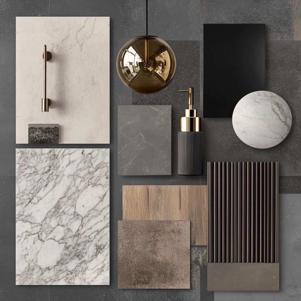 Flat lay of marble, wood and textured tile samples