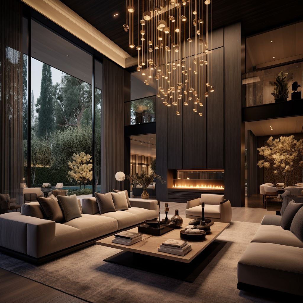 Luxurious double-height living room with a cascading chandelier