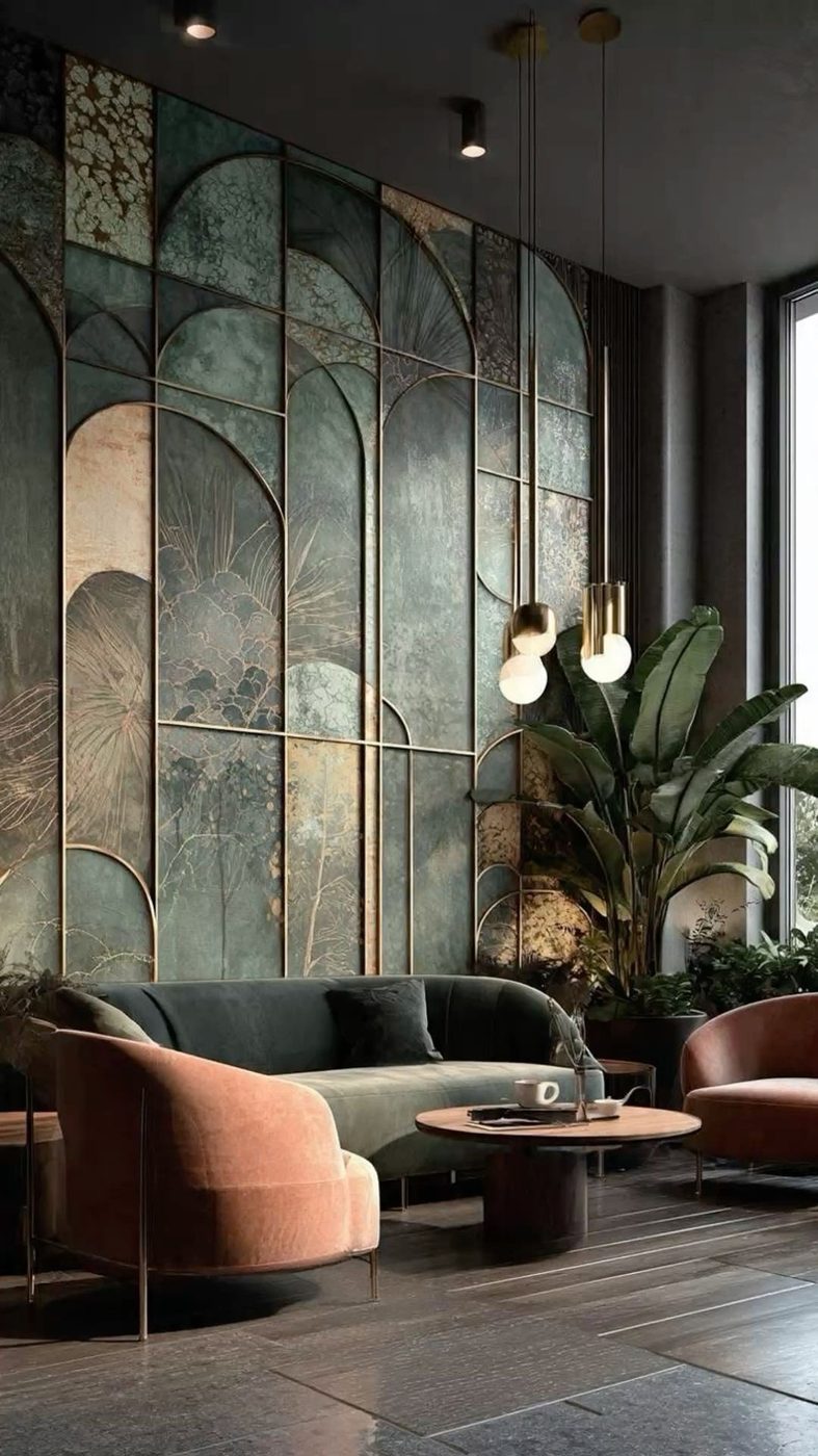 Lounge with a green and gold geometric wall screen
