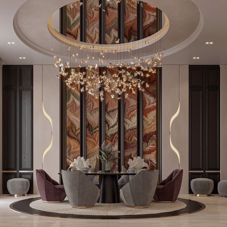 Double-height lounge with a sculptural chandelier