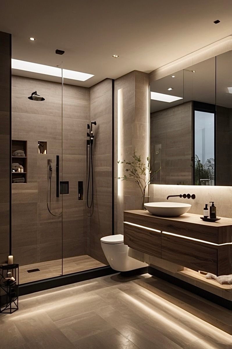 Bathroom with stone-clad walls and a floating vanity