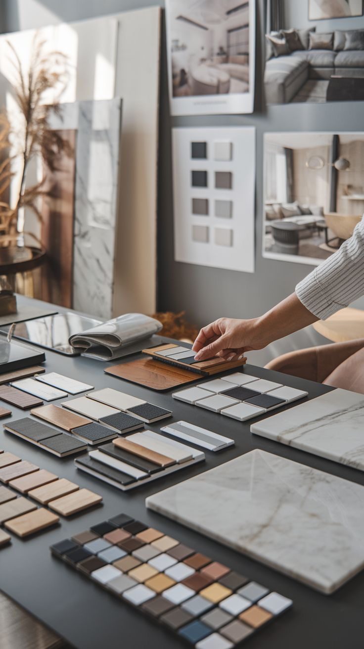 Designer selecting material samples from a swatch table