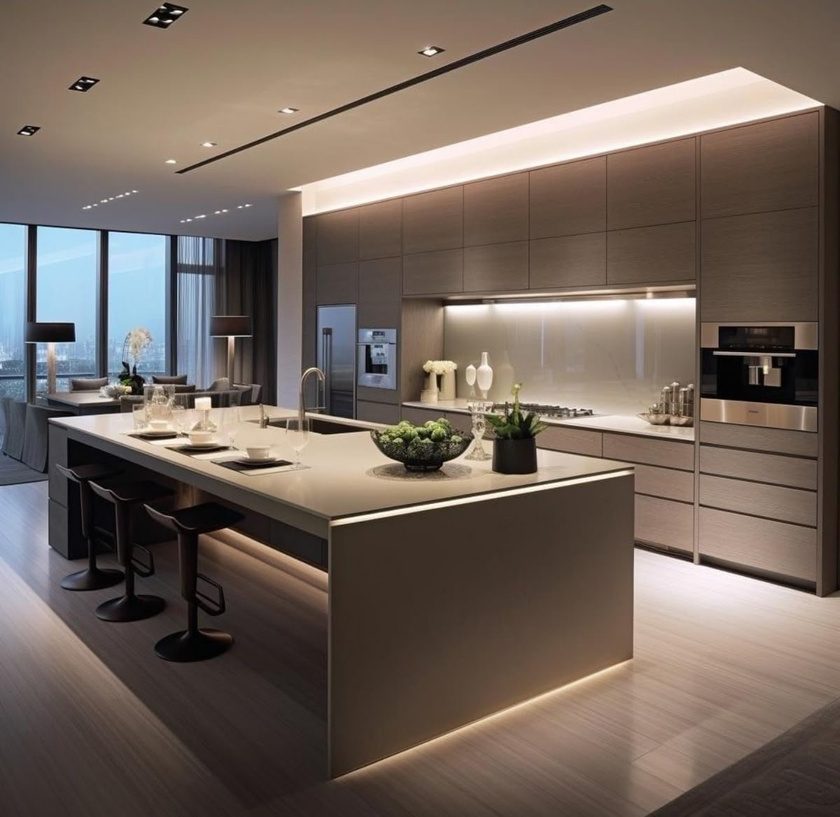Modern kitchen with an island and integrated lighting